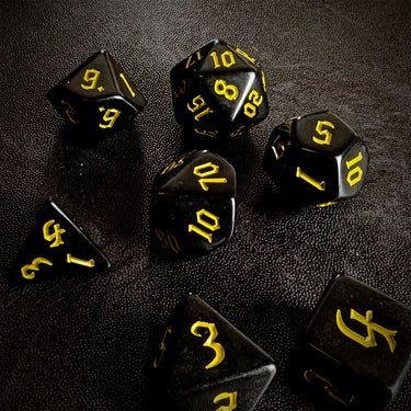 Yellow on Solid Black Acrylic - 7pcs RPG Full Dice Set Scatter